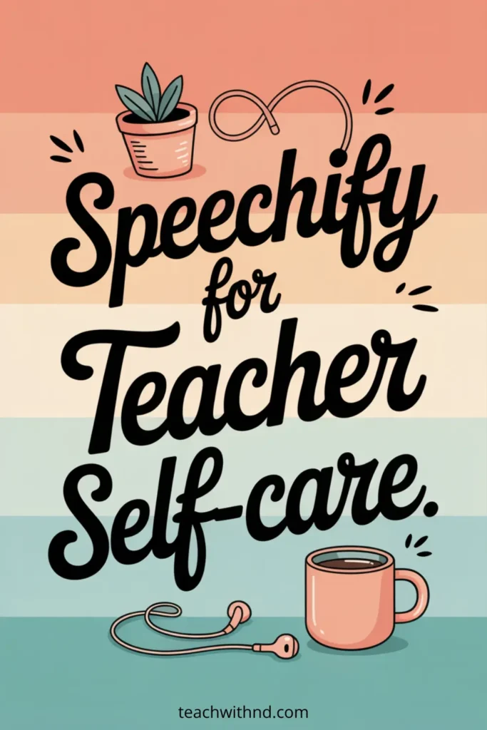 How to Use Speechify for Teacher Self-Care 9 “Colorful illustrated graphic with horizontal pastel stripes in peach, cream, yellow, teal, and blue. The text reads ‘Speechify for Teacher Self-care.’ A small potted plant and earbud cord sit near the top, and at the bottom are peach-colored earbuds next to a matching coffee mug. teachwithnd.com appears at the bottom.”