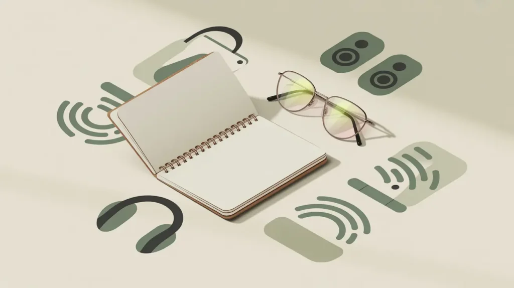How to Use Speechify for Teacher Self-Care 6 A modern vector-style illustration of an open blank spiral notebook lying on a neutral surface, with a pair of round glasses beside it. Surrounding the notebook are various audio-related icons in muted green tones, including sound waves, headphones, and speaker symbols. The scene suggests listening while taking notes or working, using a calm, minimalist aesthetic.