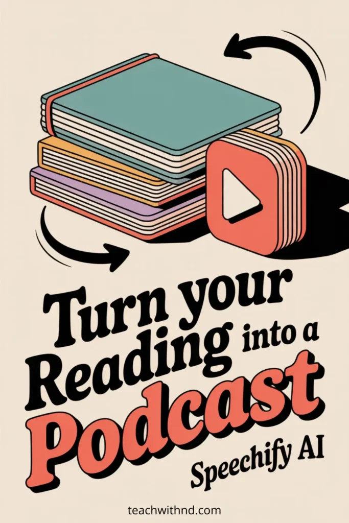Speechify AI Podcast for Neurodivergent Teachers 9 “A stylized 2D modern vector illustration of a stack of colorful books in teal, peach, purple, and beige tones, with curved black arrows indicating movement toward a large coral play-button icon made of stacked layers. Below the illustration, bold retro-style text reads ‘Turn your Reading into a Podcast – Speechify AI.’ Overall design features a neutral cream background and uses Teach With ND’s brand palette.”