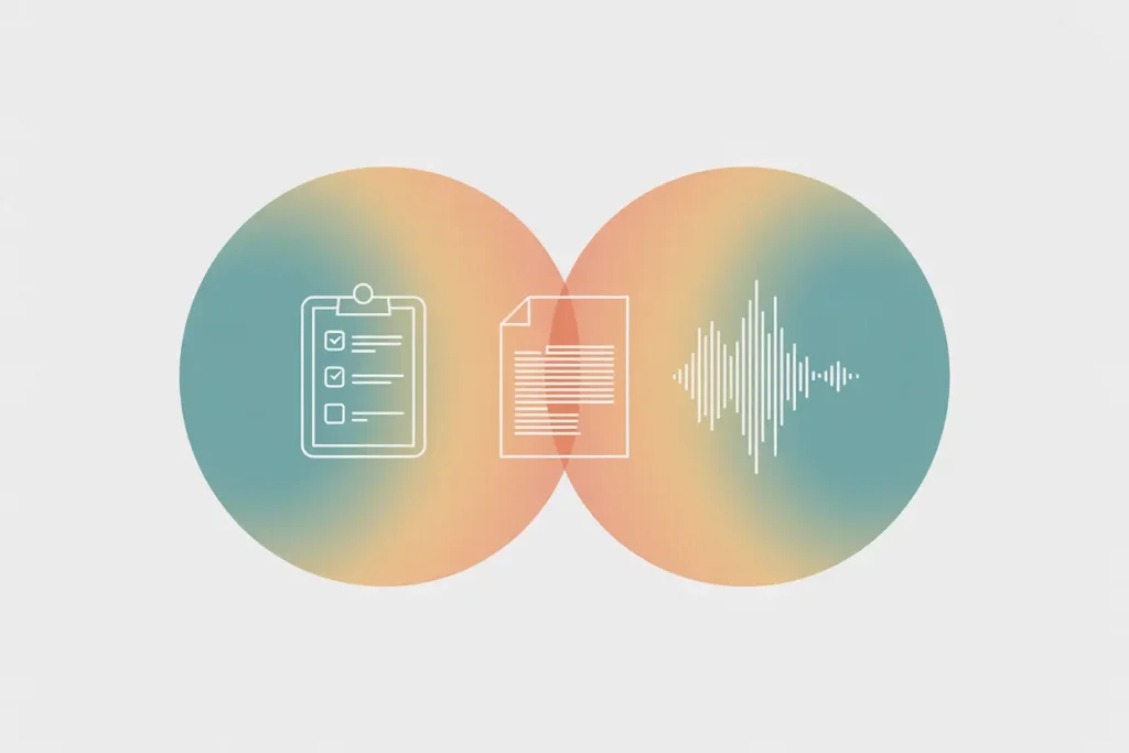 How Teachers Can Use Speechify For Meeting Prep (Without Burning Out) 6 A modern vector-style illustration with two overlapping gradient circles in teal, peach, and gold tones. Inside the left circle is a white outline icon of a clipboard checklist, the center overlap contains a document icon with text lines, and the right circle features a white audio waveform, symbolizing converting written tasks into audio.