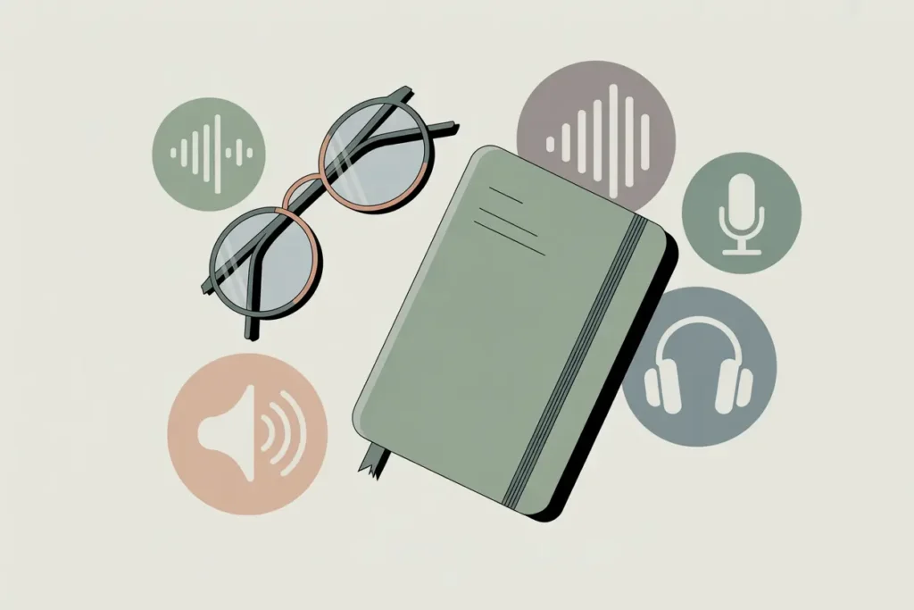 How to Use Speechify for Teacher Self-Care 5 A modern vector-style illustration featuring a closed green notebook with a ribbon bookmark, a pair of round glasses with peach and black frames, and several circular audio-themed icons floating around— including sound waves, a microphone symbol, headphones, and a speaker icon. The color palette includes muted greens, peach, and gray on a clean neutral background, suggesting listening while working or taking notes.