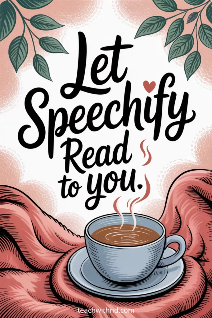 How to Use Speechify for Teacher Self-Care 8 “Cozy illustration of a steaming cup of coffee resting on a soft coral-colored blanket, surrounded by leafy branches, with the handwritten text ‘Let Speechify Read to You.’ Calm, self-care themed artwork for teachers.”
