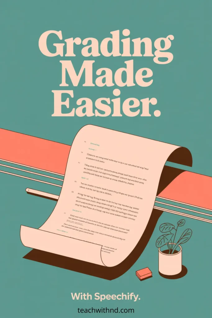 “Modern 2D vector illustration showing a long, curved sheet of paper filled with text flowing off a desk, symbolizing grading. The background is teal with peach and coral accents. A small potted plant and pink eraser sit on the right. Bold cream-colored text at the top reads ‘Grading Made Easier.’ The bottom text says ‘With Speechify.’ teachwithnd.com is printed at the bottom center.”