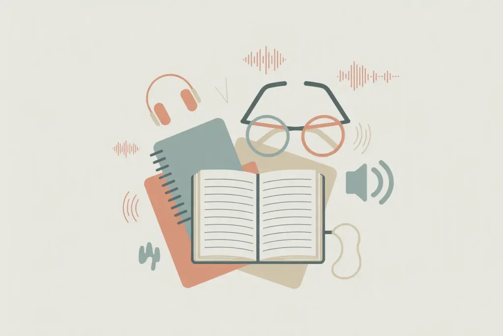 How to Use Speechify for Teacher Self-Care 4 A modern vector-style illustration of an open lined notebook surrounded by teal and peach elements, including stacked journals, round glasses, a pair of headphones, and a small speaker icon. Soft audio wave symbols float around the scene, suggesting listening while reading or taking notes, all set against a clean, neutral background.