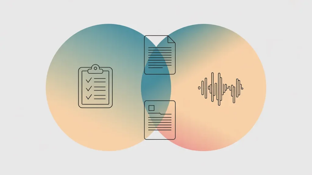 How Teachers Can Use Speechify For Meeting Prep (Without Burning Out) 4 A modern vector-style illustration featuring two overlapping circles with a smooth teal-to-peach gradient. Inside the left circle is an outline icon of a clipboard with checkmarks, while the right circle contains an audio waveform icon. At the center overlap, two document icons appear—one above and one below—symbolizing a workflow that connects written tasks and audio processing.