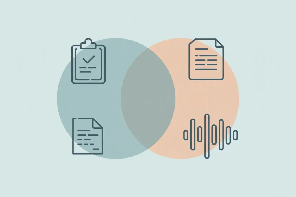 How Teachers Can Use Speechify For Meeting Prep (Without Burning Out) 5 A modern vector-style illustration featuring two overlapping circles, one sage green and one peach, on a pale background. Inside the left circle are icons of a clipboard with checkmarks and a document, while the right circle contains a document icon and a vertical audio waveform. The overlapping center visually represents the connection between written documents, checklists, and audio processing.