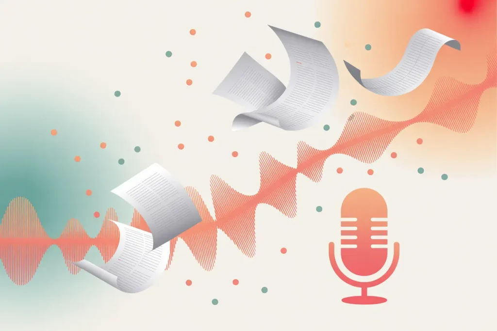 Speechify AI Podcast for Neurodivergent Teachers 6 A modern vector-style illustration showing multiple sheets of paper floating upward across the scene. A coral audio waveform runs diagonally through the composition, connecting the papers to a coral microphone icon on the right. Teal and peach confetti dots scatter across a soft background that shifts from teal on the left to peach on the right, symbolizing text being converted into audio.