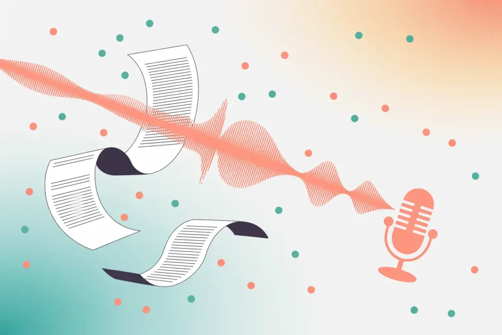 Speechify AI Podcast for Neurodivergent Teachers 5 A modern vector-style illustration featuring several curved sheets of paper floating across the design. A diagonal coral audio waveform connects the papers to a coral microphone icon on the right, symbolizing text being converted into audio. Teal and coral confetti dots scatter across a soft gradient background transitioning from teal to peach.