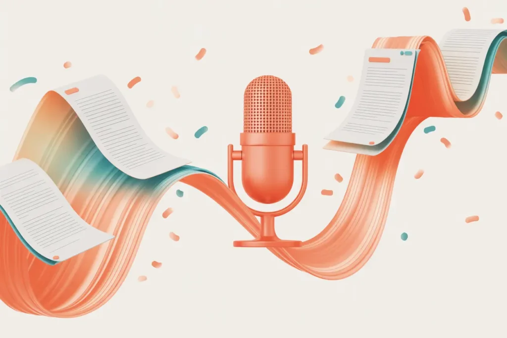 Speechify AI Podcast for Neurodivergent Teachers 4 Speechify AI podcast, a modern vector-style illustration of a coral microphone centered on a flowing ribbon of color in teal, peach, and coral tones. Sheets of paper with typed lines glide along the ribbon as if being carried toward the microphone, symbolizing text turning into audio. Small teal and coral confetti elements scatter across a soft neutral background.