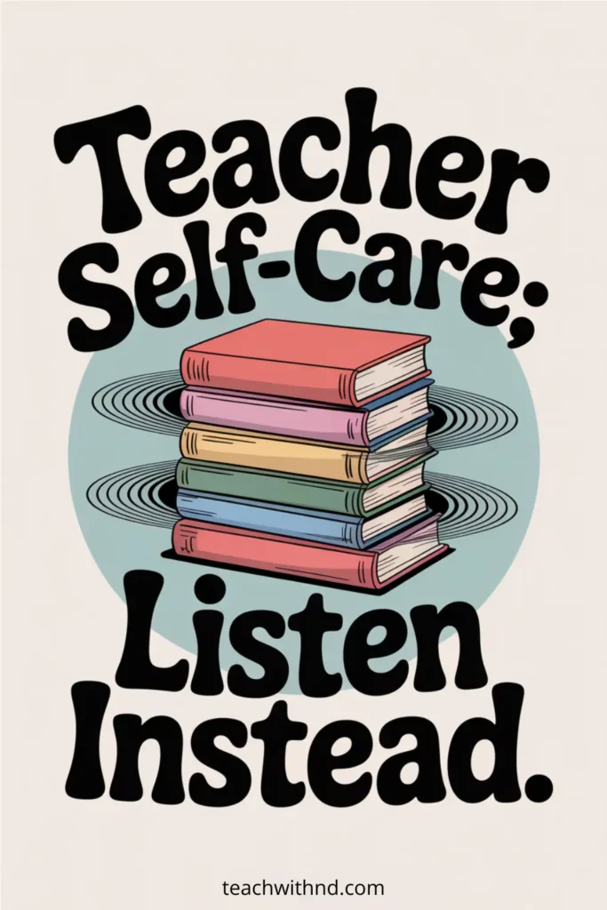 How to Use Speechify for Teacher Self-Care 7 “Modern vector illustration of a stack of colorful hardcover books emitting circular audio-wave ripples, with bold black text that reads ‘Teacher Self-Care; Listen Instead.’ Soft teal circle behind the books and a beige background. teachwithnd.com at the bottom.”