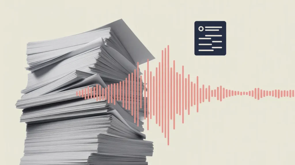 A tall, messy stack of white papers sits on the left, symbolizing a large grading load. A coral audio waveform stretches across the center of the image, suggesting converting the pile into audio. On the right, a dark blue document icon with simple text lines represents digital grading or feedback. The background is a soft neutral cream.