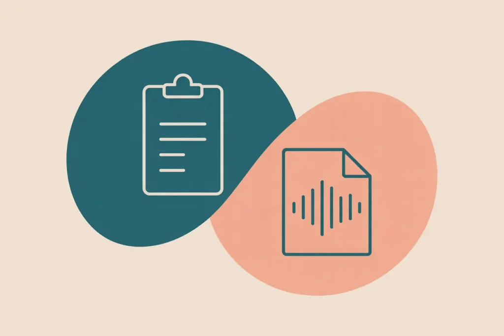 How Teachers Can Use Speechify For Meeting Prep (Without Burning Out) 3 Using Speechify for meeting prep, A modern vector-style illustration with two overlapping shapes—one teal and one coral—on a neutral background. The teal shape contains an outline icon of a clipboard, while the coral shape features a document icon with an audio waveform in the center, symbolizing converting written tasks or notes into audio.