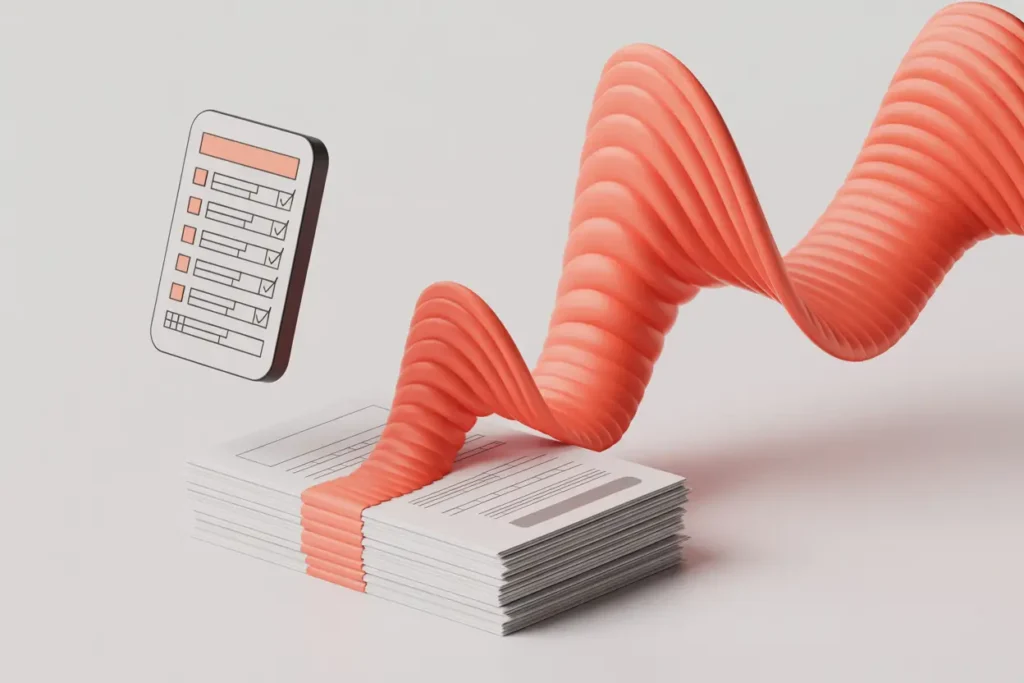 Speechify for grading represented by a modern vector-style illustration showing a neat stack of white student papers with a bold coral audio wave wrapped around the center and flowing upward. To the left, a floating rubric or checklist icon displays several checkboxes and grading lines. The design represents converting written assignments into audio for easier, faster grading.
