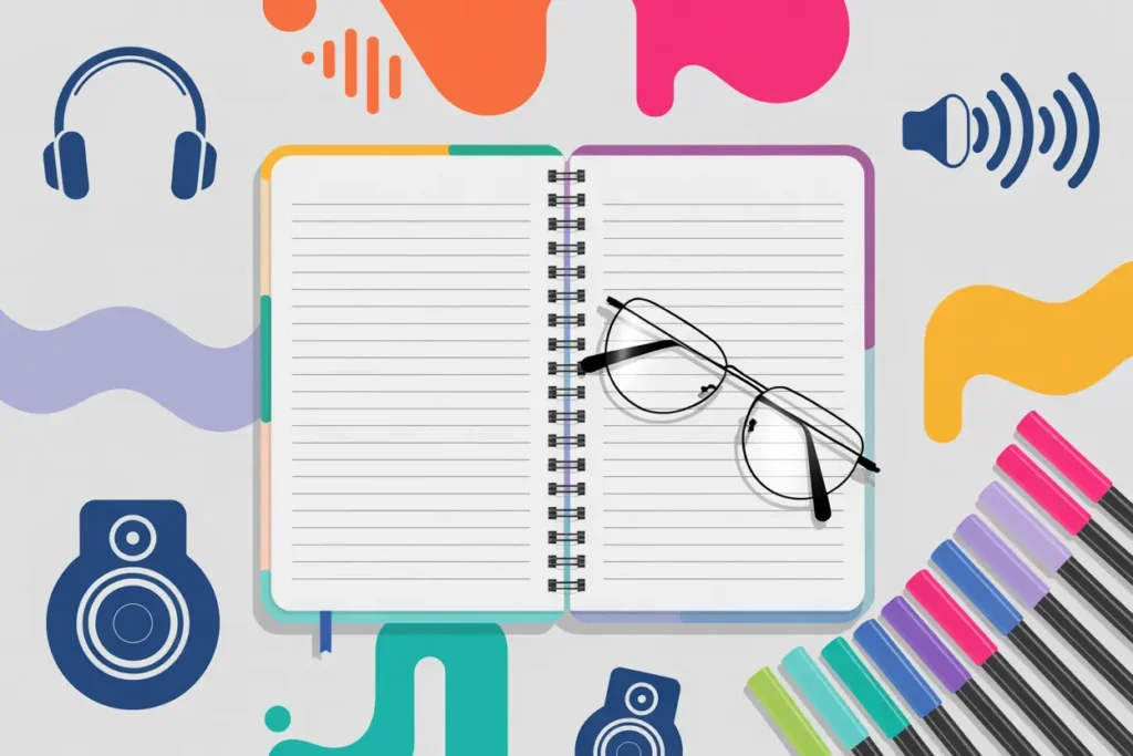 “Flat-lay illustration of an open spiral notebook with lined pages and a pair of glasses resting on top. Surrounding the notebook are colorful abstract shapes, headphones, speaker icons, and an array of bright markers. Background in light gray with teal, orange, purple, and pink accents.”