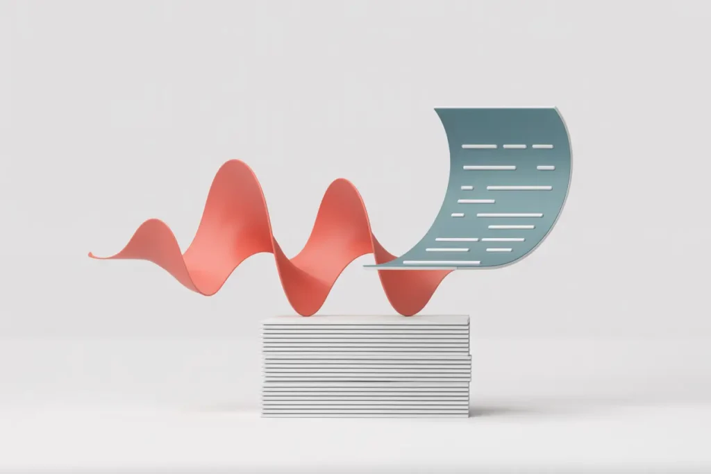 A modern vector-style illustration of a tall stack of white papers with a smooth coral audio wave rising from behind it. A teal sheet of paper with horizontal text lines curls upward above the wave, symbolizing written student work being converted into audio for grading. The background is clean and minimal.