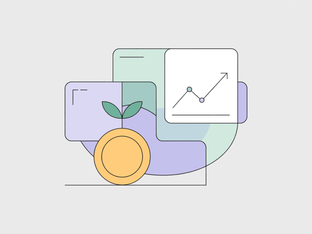 7 Doable Streams of Passive Income for Teachers 6 Modern abstract layout with a gold coin, green leaf, and rising graph icon layered over soft shapes, representing eco-conscious or low-effort passive income ideas.