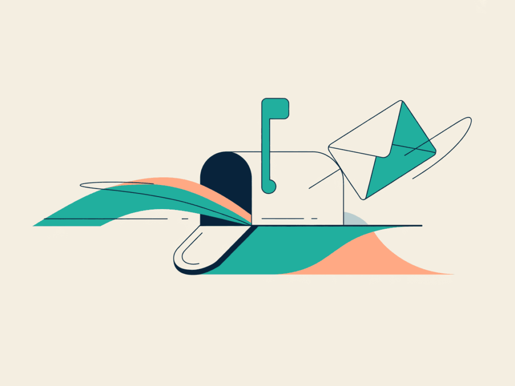7 Doable Streams of Passive Income for Teachers 9 Modern vector illustration of a teal mailbox with an envelope flying out and colorful wave lines, symbolizing the flow of automated digital earnings like email courses or subscriptions.