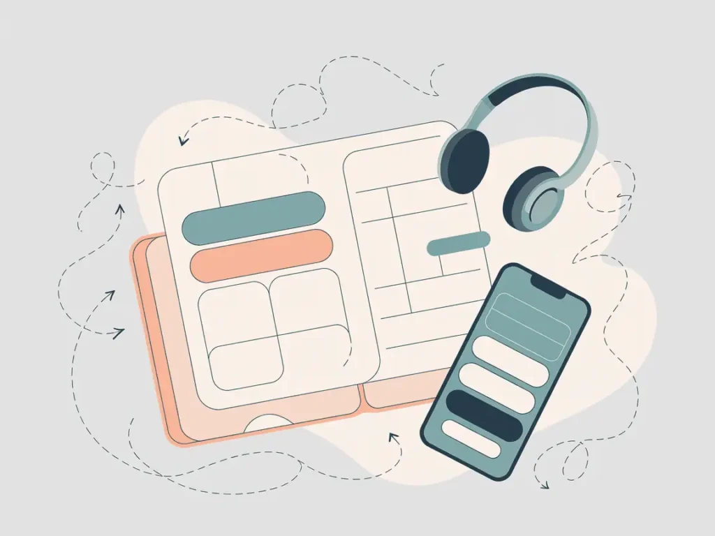 How to Teach English Online with No Experience 8 Vector-style workspace with open laptop, smartphone, and large teal headphones. Clean white background with coral accents. Highlights calm, quiet side hustles for introverted teachers like podcast editing or transcription services.