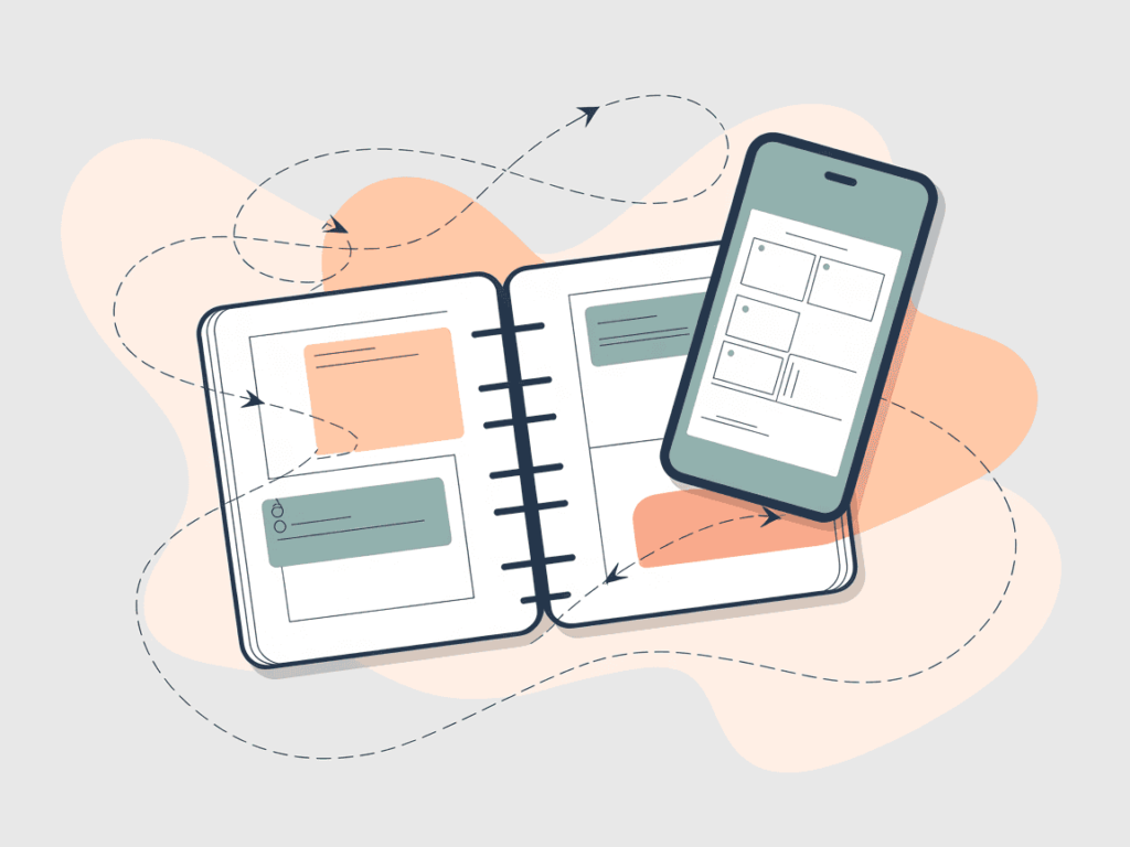 How to Teach English Online with No Experience 9 Vector illustration of a cluttered workspace with digital devices, paper piles, and sticky notes. Teal and peach tones over a neutral background. Highlights the overwhelm teachers may feel before starting a manageable side hustle.