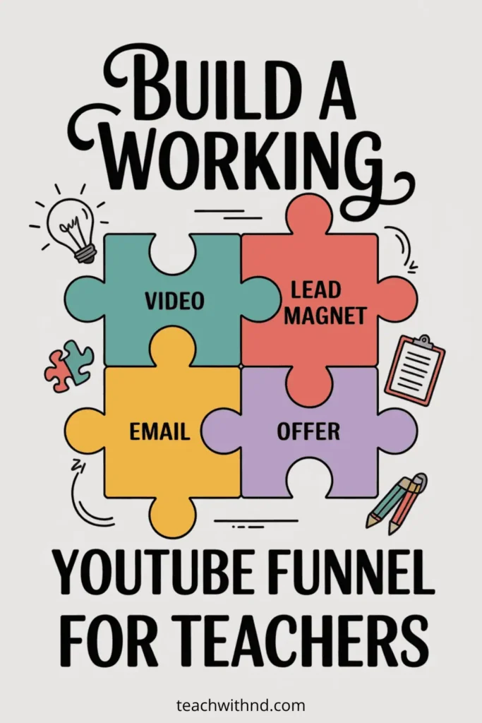 5 Steps to Building a YouTube Funnel for Teachers Without Burnout 12 Illustrated puzzle pieces labeled video, email, offer, and lead magnet with the phrase "Build a Working YouTube Funnel for Teachers."