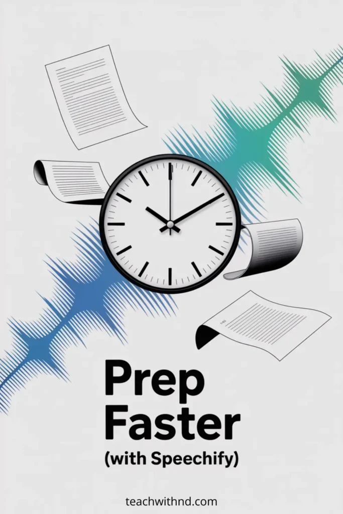 How Teachers Can Use Speechify For Meeting Prep (Without Burning Out) 9 “Poster showing a large clock surrounded by flying worksheets and colorful audio-wave graphics, with the text ‘Prep Faster (with Speechify).’ Designed to describe using Speechify to speed up teacher meeting prep.”
