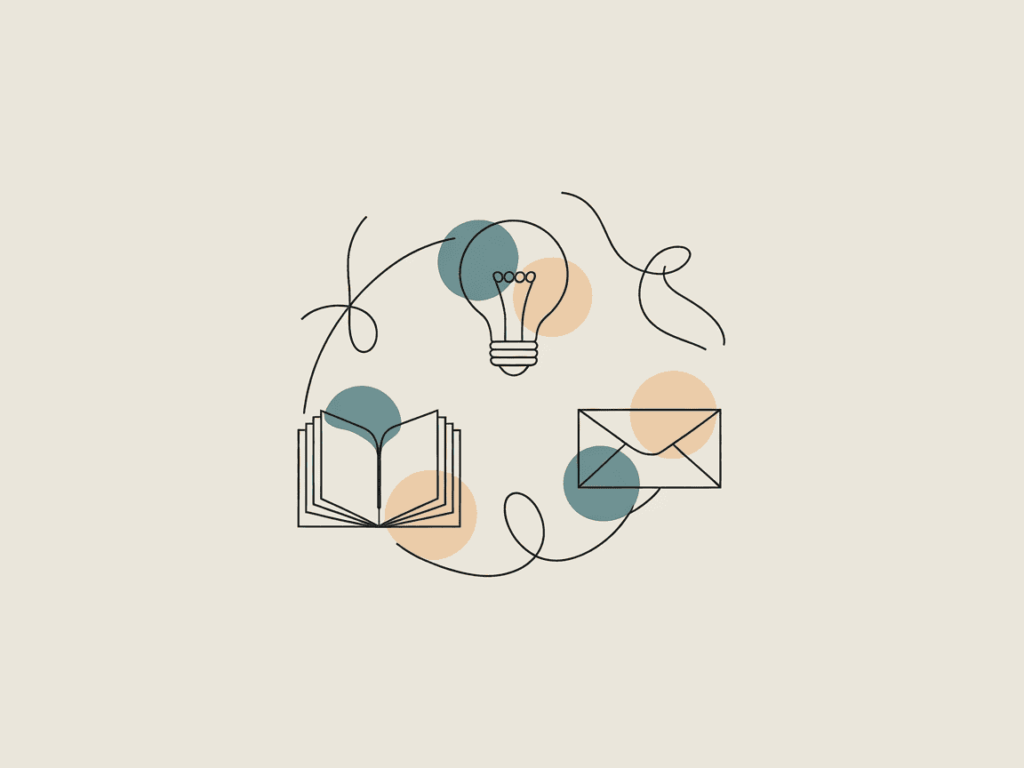 7 Best Flexible Side Hustles for Teachers (When You Need Control) 8 Minimal line art showing a lightbulb, open book, and envelope surrounded by pastel teal and peach dots, representing creative ideas, learning, and communication.