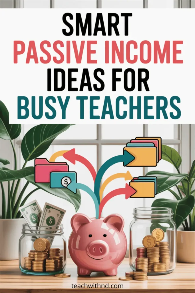 7 Doable Streams of Passive Income for Teachers 12 Photo-style graphic with pink piggy bank, file folder icons, and jars filled with coins and cash, representing smart passive income ideas for teachers.