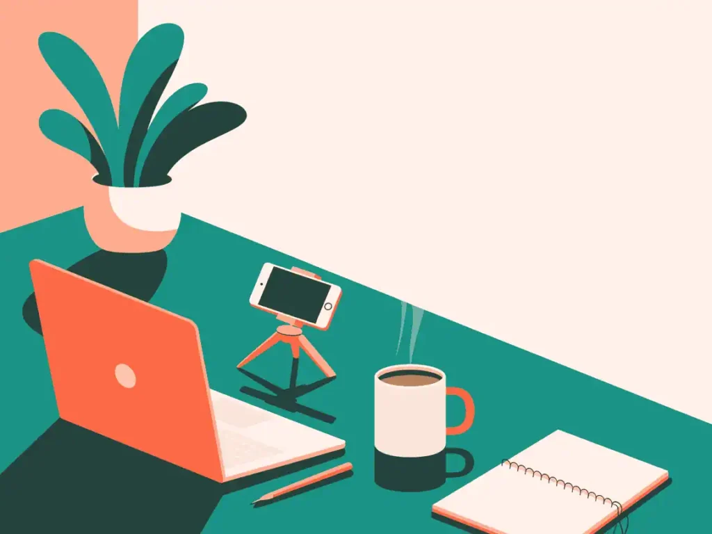 5 Steps to Building a YouTube Funnel for Teachers Without Burnout 5 Simple teacher desk setup with laptop, phone tripod, and coffee mug, perfect for home YouTube video creation.