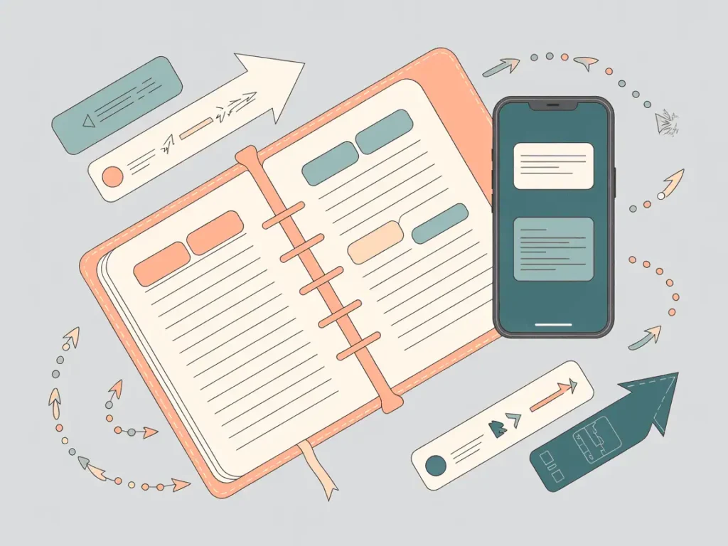 7 Best Flexible Side Hustles for Teachers (When You Need Control) 7 Illustration of an open planner and a smartphone, surrounded by colorful arrows and icons, symbolizing dynamic task tracking and digital communication.
