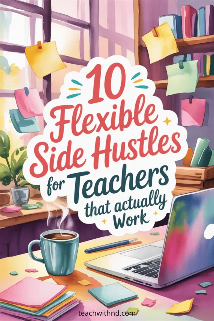 7 Best Flexible Side Hustles for Teachers (When You Need Control) 10 Illustrated cozy teacher desk with laptop, coffee mug, and colorful sticky notes, featuring the title "10 flexible side hustles for teachers that actually work."