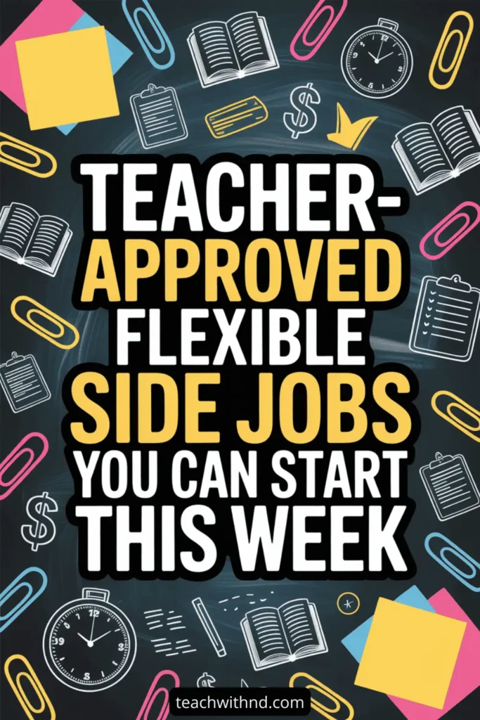 7 Best Flexible Side Hustles for Teachers (When You Need Control) 12 Chalkboard-style graphic with colorful school icons and bold text that says, "Teacher-approved flexible side jobs you can start this week."