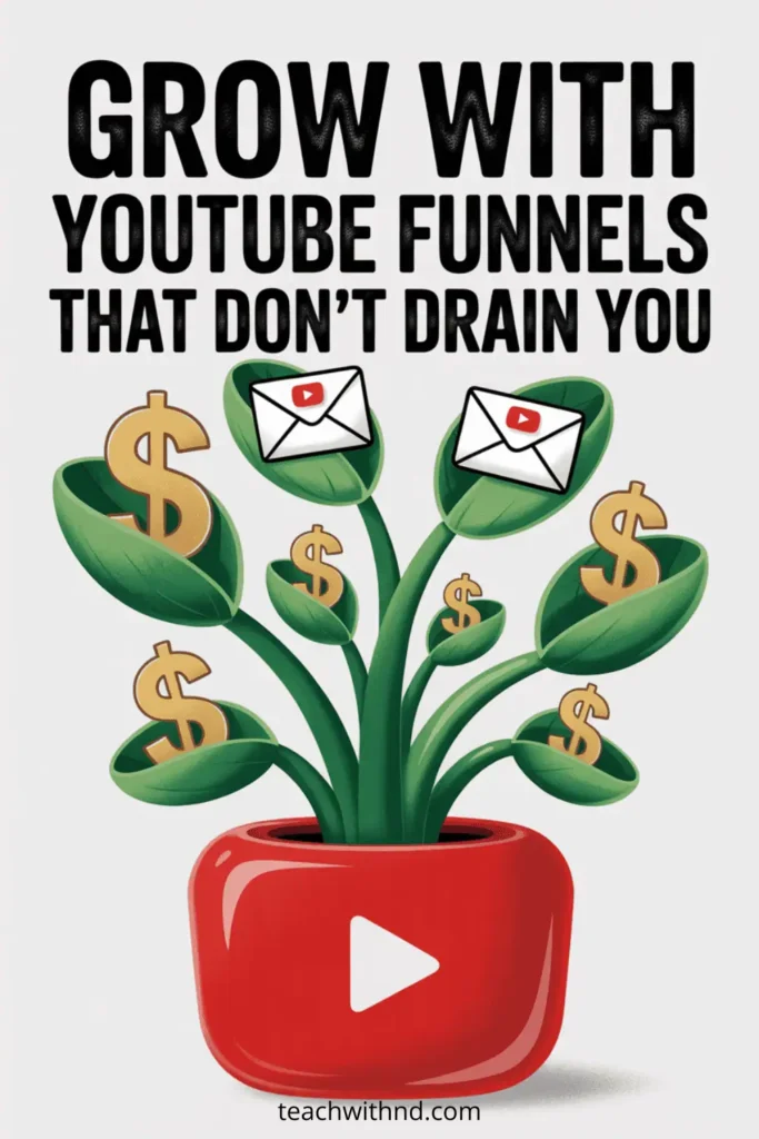 5 Steps to Building a YouTube Funnel for Teachers Without Burnout 11 Plant with YouTube envelopes and dollar signs growing from a red play-button pot; text says "Grow With YouTube Funnels That Don’t Drain You."