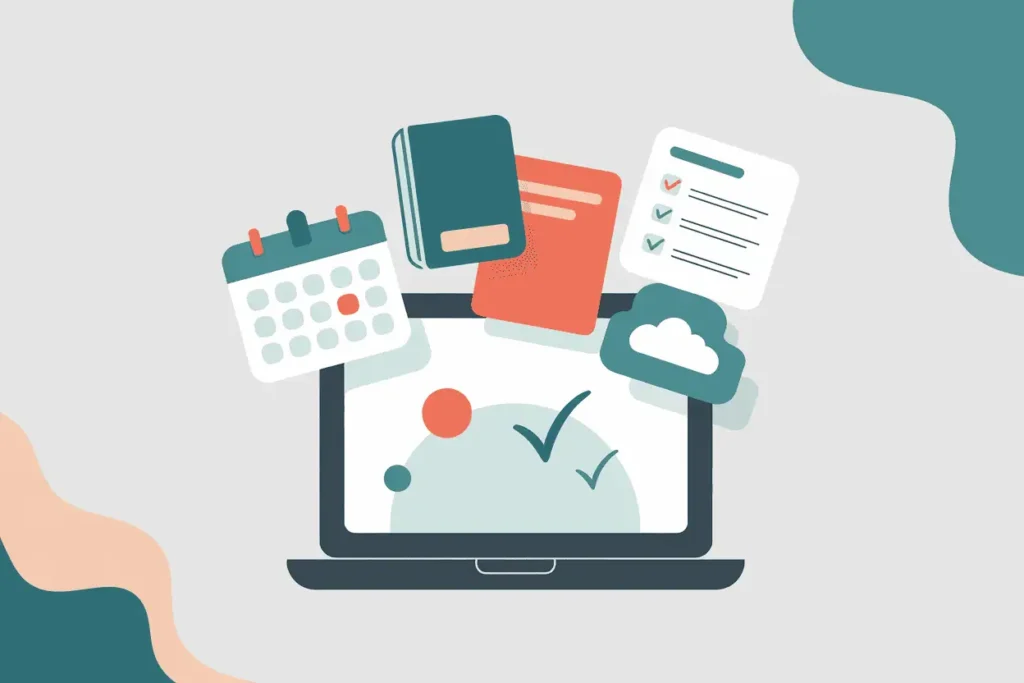 25 Best Side Hustles for Teachers (That Work in Real Life) 6 “Decorative illustration of a laptop with icons above it, including a checklist, calendar, cloud, and notebooks.”