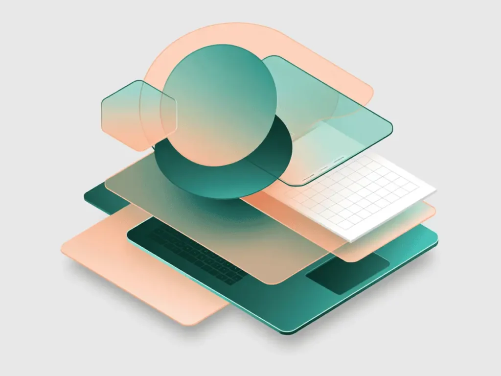 7 Best Realistic Side Hustles for Full-Time Teachers 8 Stylized 3D image of layered translucent shapes forming a laptop, calendar, and geometric forms in teal and peach tones, symbolizing digital multitasking and side income systems.