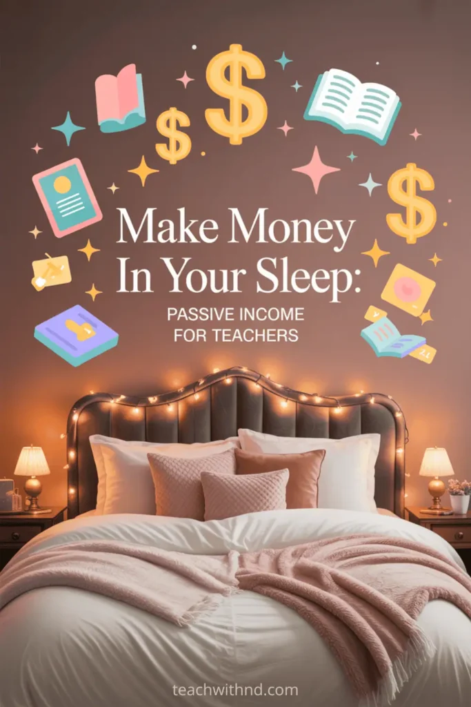 7 Doable Streams of Passive Income for Teachers 10 Warm-toned image of a cozy bedroom with string lights and money icons floating above the bed, titled “Make Money in Your Sleep: Passive Income for Teachers.”
