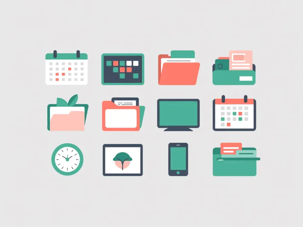 How to Teach English Online with No Experience 5 Colorful flat icons of folders, calendars, phones, and screens, representing tools needed for teaching English online.