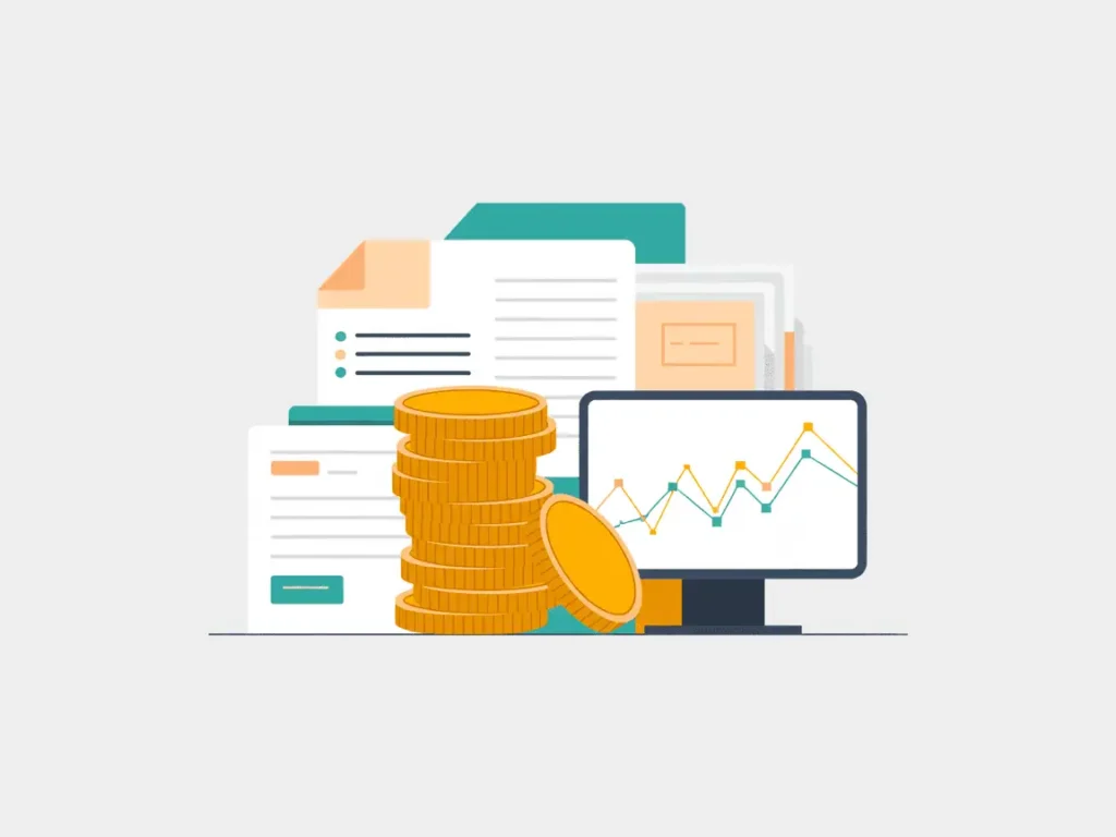 7 Doable Streams of Passive Income for Teachers 7 Multiple documents, a stack of coins, and a computer screen with financial charts, representing the accumulation of passive income from various online sources.