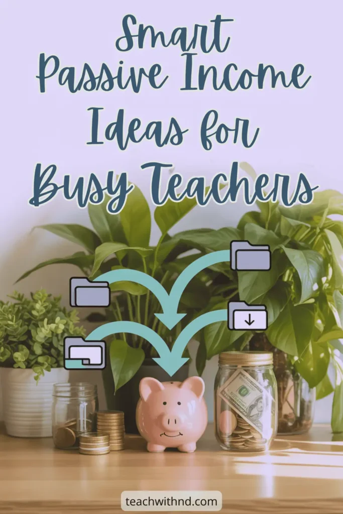 7 Doable Streams of Passive Income for Teachers 11 Soft-toned pin with piggy bank, green houseplants, and folders pointing to income jar, promoting passive income strategies for busy teachers.