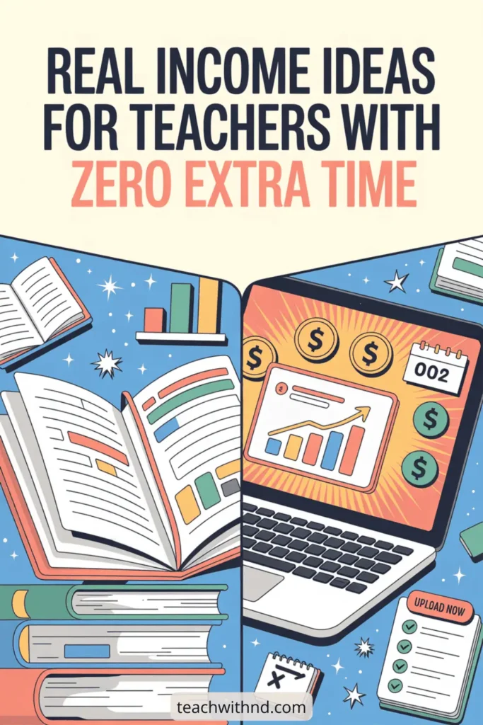 7 Best Realistic Side Hustles for Full-Time Teachers 12 Illustrated split screen of open books and a laptop with income charts, surrounded by dollar signs and teaching icons, with bold text "Real income ideas for teachers with zero extra time."