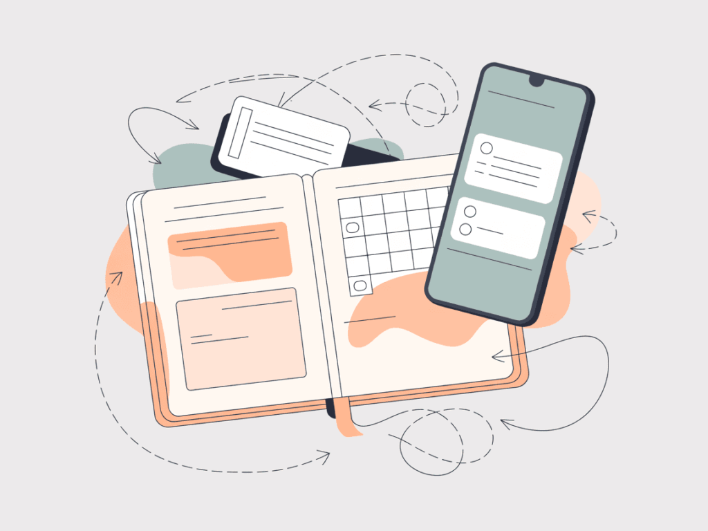 7 Best Realistic Side Hustles for Full-Time Teachers 7 Illustration of an open paper planner and smartphone surrounded by arrows and task cards, visualizing scheduling and mobile-friendly side hustle tracking.