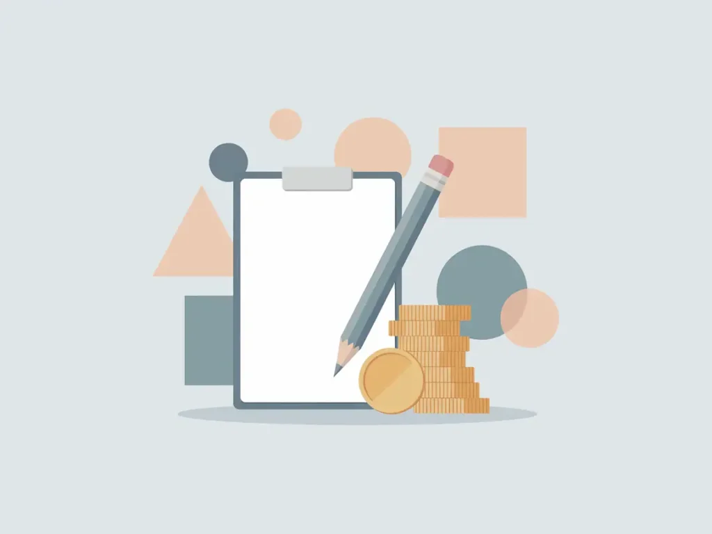 7 Best Flexible Side Hustles for Teachers (When You Need Control) 6 Flat-style illustration of a clipboard with a pencil and stacked gold coins, set against abstract shapes, representing planning and earning opportunities.