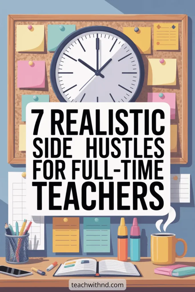 7 Best Realistic Side Hustles for Full-Time Teachers 11 Illustrated workspace with large wall clock, sticky notes, open books, and coffee mug, focused on time-efficient side hustles for full-time teachers.