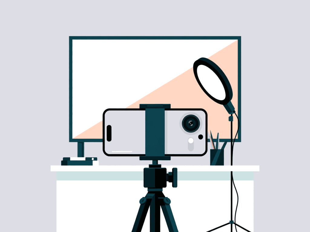 5 Steps to Building a YouTube Funnel for Teachers Without Burnout 7 Filming setup with smartphone on tripod in front of a ring light and monitor: ideal for teachers recording YouTube lessons.