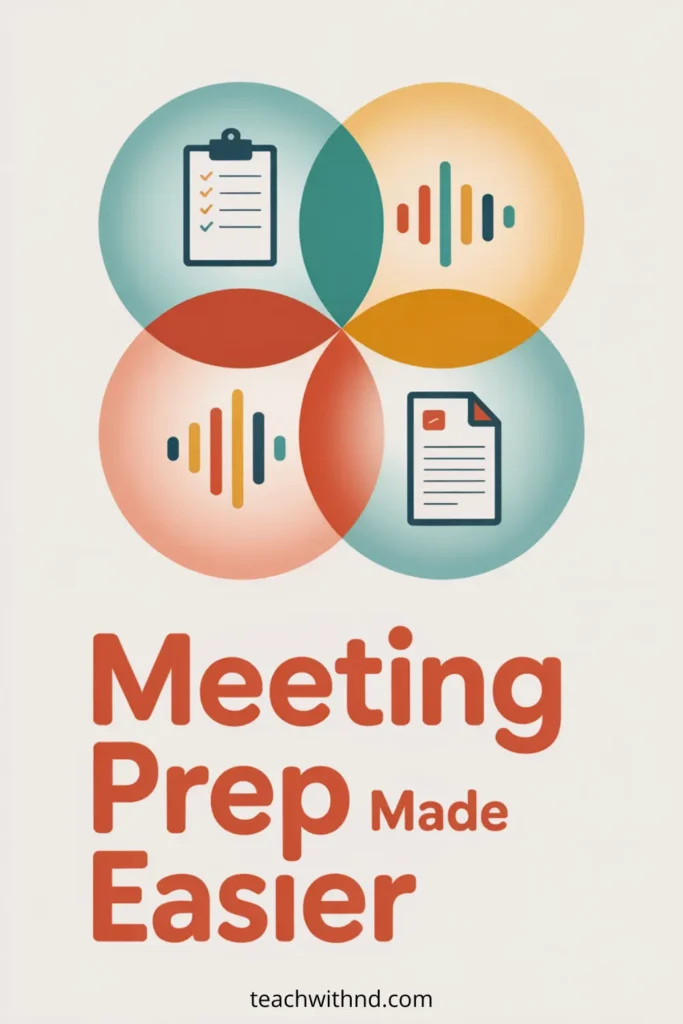 How Teachers Can Use Speechify For Meeting Prep (Without Burning Out) 7 “Poster with four overlapping colorful circles featuring icons for checklists, audio, and documents, with the headline ‘Meeting Prep Made Easier.’ Represents Speechify helping teachers prep quickly through audio.”