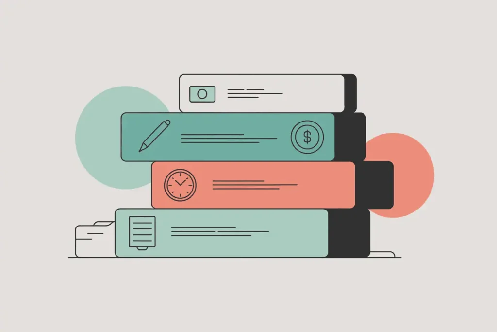 “Decorative image of stacked teal, white, and coral folders or books with icons like a pencil, clock, and dollar sign.”