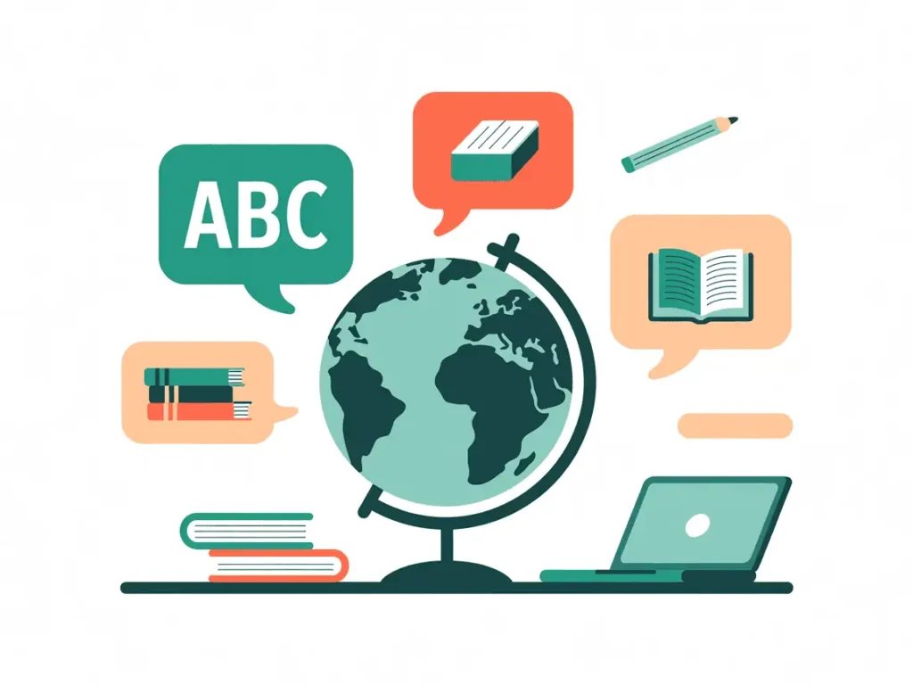 How to Teach English Online with No Experience 6 Globe with learning icons like ABC, books, and a laptop, illustrating global reach of teaching English online.