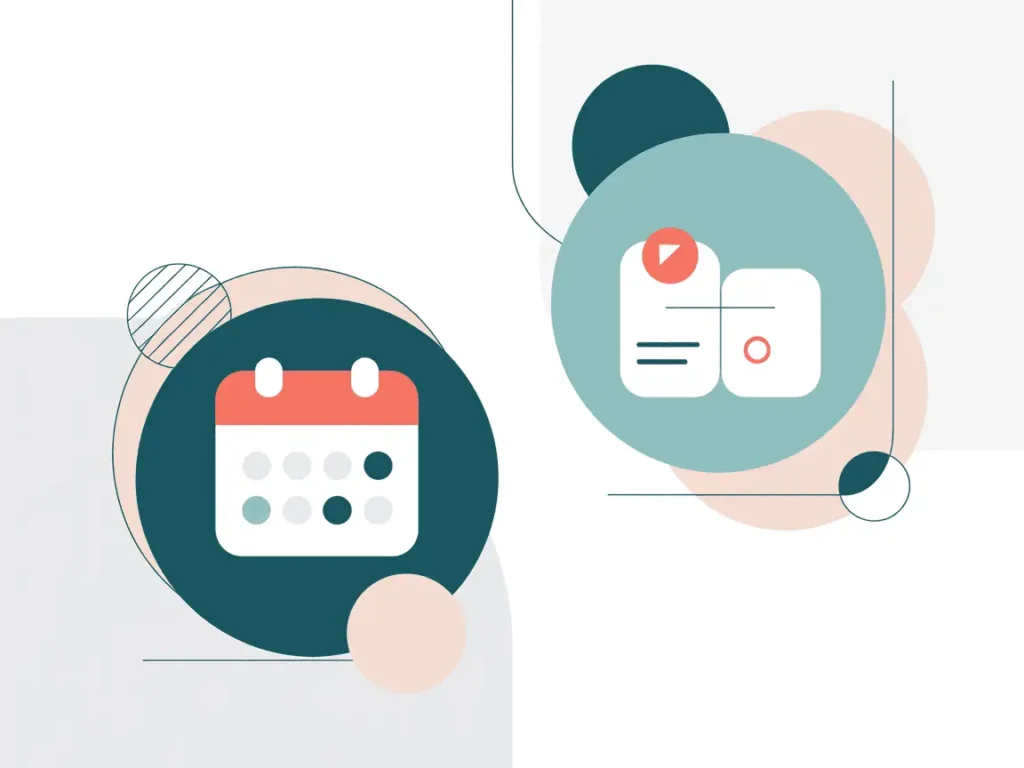 7 Best Flexible Side Hustles for Teachers (When You Need Control) 9 Minimalist graphic with a red and white calendar icon and a teal video play card icon, representing flexible scheduling and digital content creation.