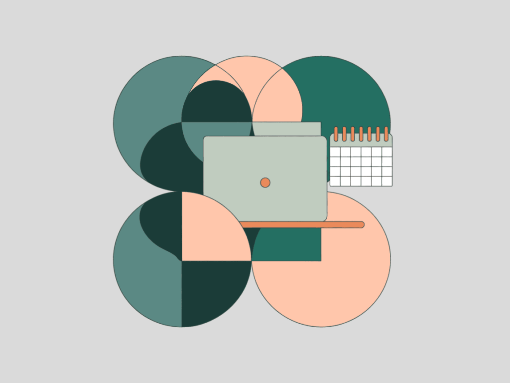 7 Best Realistic Side Hustles for Full-Time Teachers 9 Flat graphic of a laptop and standing calendar surrounded by layered teal and peach circles, representing work-life integration and digital side hustle tools.