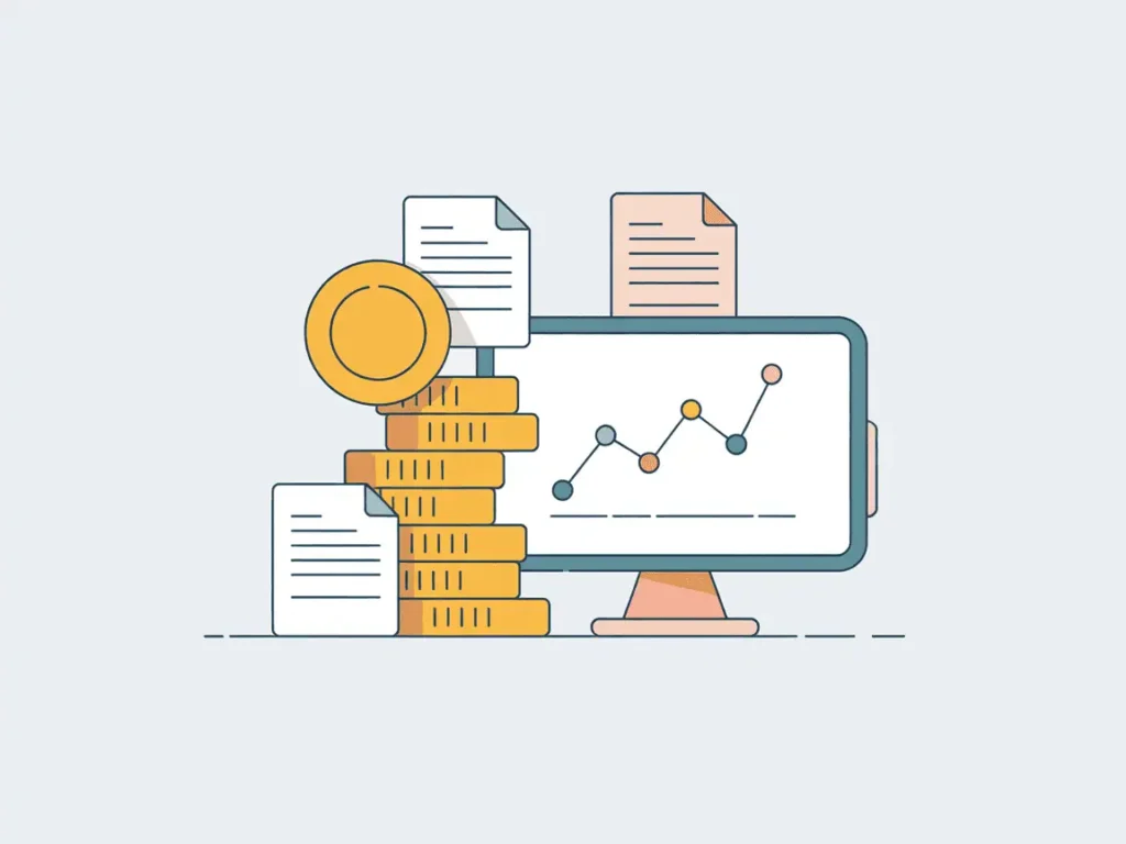 7 Doable Streams of Passive Income for Teachers 5 Stack of gold coins next to a computer screen displaying a financial line graph, surrounded by digital documents, illustrating data-driven passive income growth.