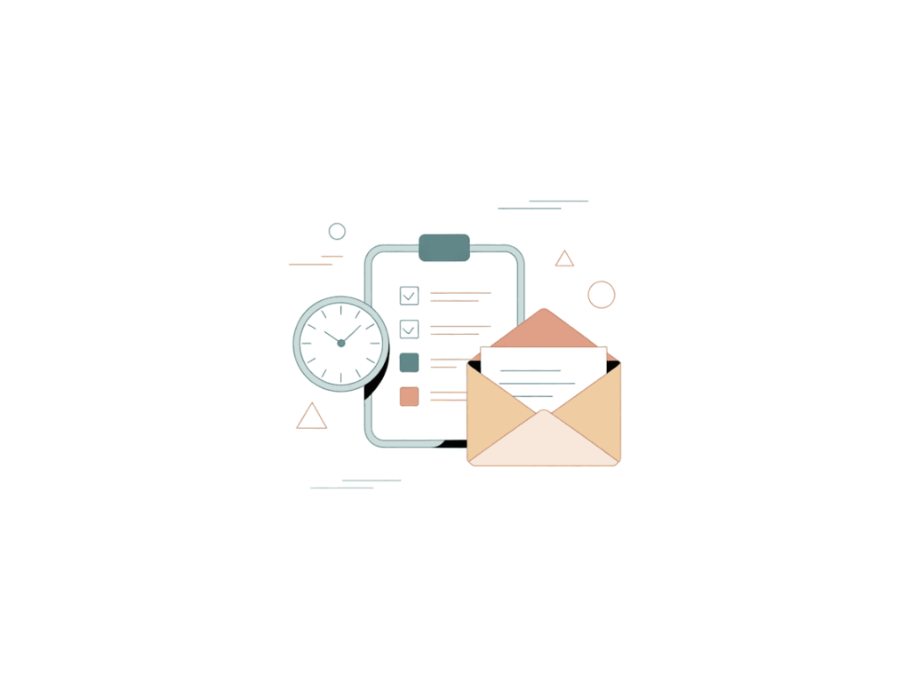 7 Best Realistic Side Hustles for Full-Time Teachers 6 Softly colored illustration with a checklist clipboard, wall clock, and an open envelope containing papers, reflecting time-conscious communication and task tracking.